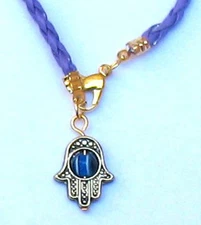 JUDAICA - DARK BLUE STRING BRACELET WITH NICKEL PLATED HAMSA CHARM AND EVIL EYE