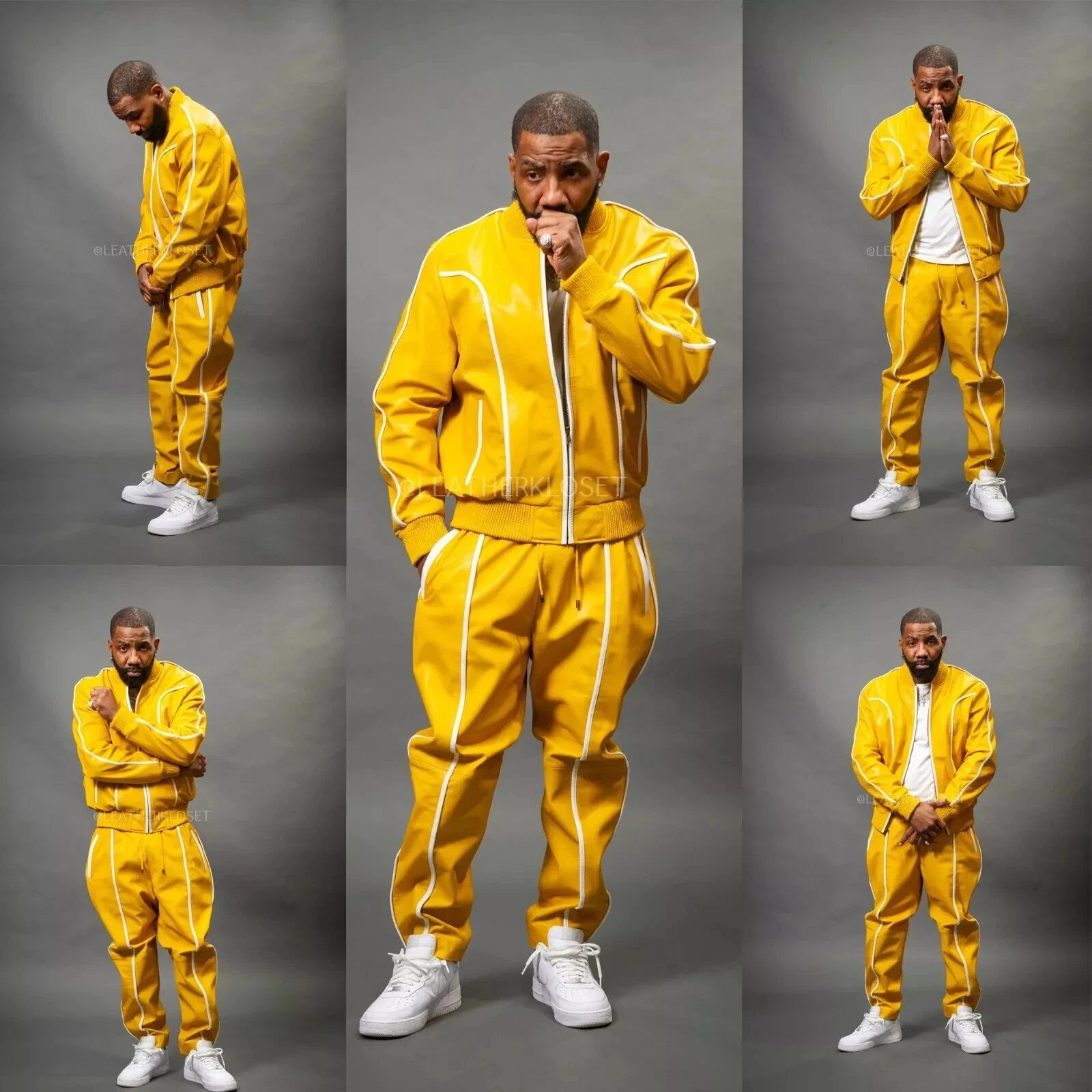 Men's Leather Track Suit Sweat suit Yellow & White Jogging Tracksuit