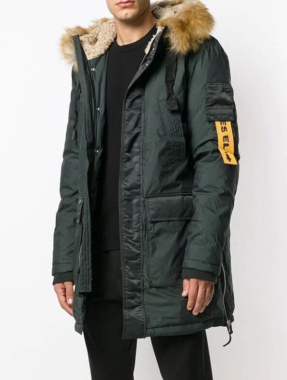 $695 Designer DIESEL Men Green Parka Fur Hooded Military $695 Designer DIESEL Men Green Parka Fur Hooded Military