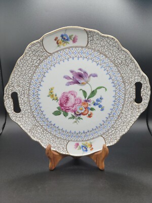 Vintage Platter Porcelain, Hand Painted German H&F Elios Floral 10.5''T X 11.5''W