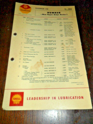 Vintage Shell Schmiertabelle Humber New Super Snipe Serie 1 Ex-Garage