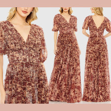 NWT MAC DUGGAL 18 8013 Mesh V-Neck Floral Dress Gown in Beige Orange J2300