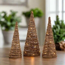 Ragon House Primitive Farmhouse Rustic 3 pc Lighted Grapevine Cone Trees