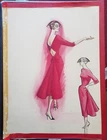 BILL TRAVILLA ORIGINAL COSTUME SKETCH FASHION LINE 1950's RED DRESS FRONT & BACK