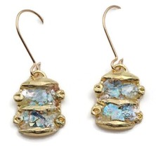 Roman Glass Gold Hook Earrings Ancient Round Fragments 200 B.C Bluish Patina .