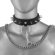 Handmade Real Leather Spiked Choker Collar with Metal Chain Leash  Adjustable