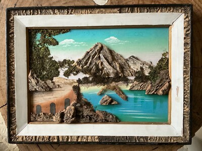 Vintage Framed 3D Japanese Bark and Moss Art Landscape Mountain Scene Wall Decor