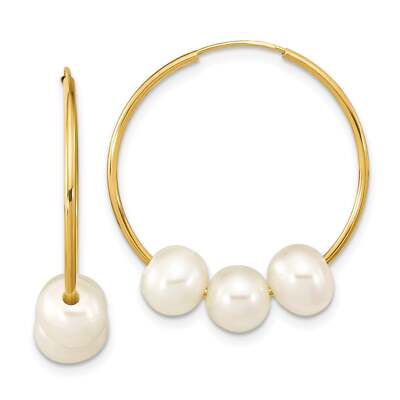 14k Yellow Gold 7mm Round White Fresh Water Pearl Hoop Earrings, 26mm