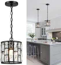 Modern Crystal Pendant Light Black Chandelier Fixture with Adjustable Height