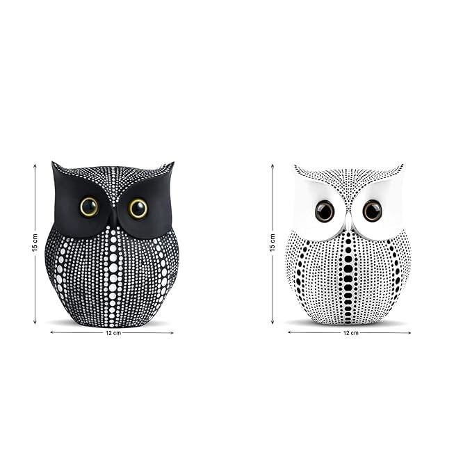 Modern Classy Lucky Owl Resin Art Figure Showpiece (Black and White, 2 Piece)