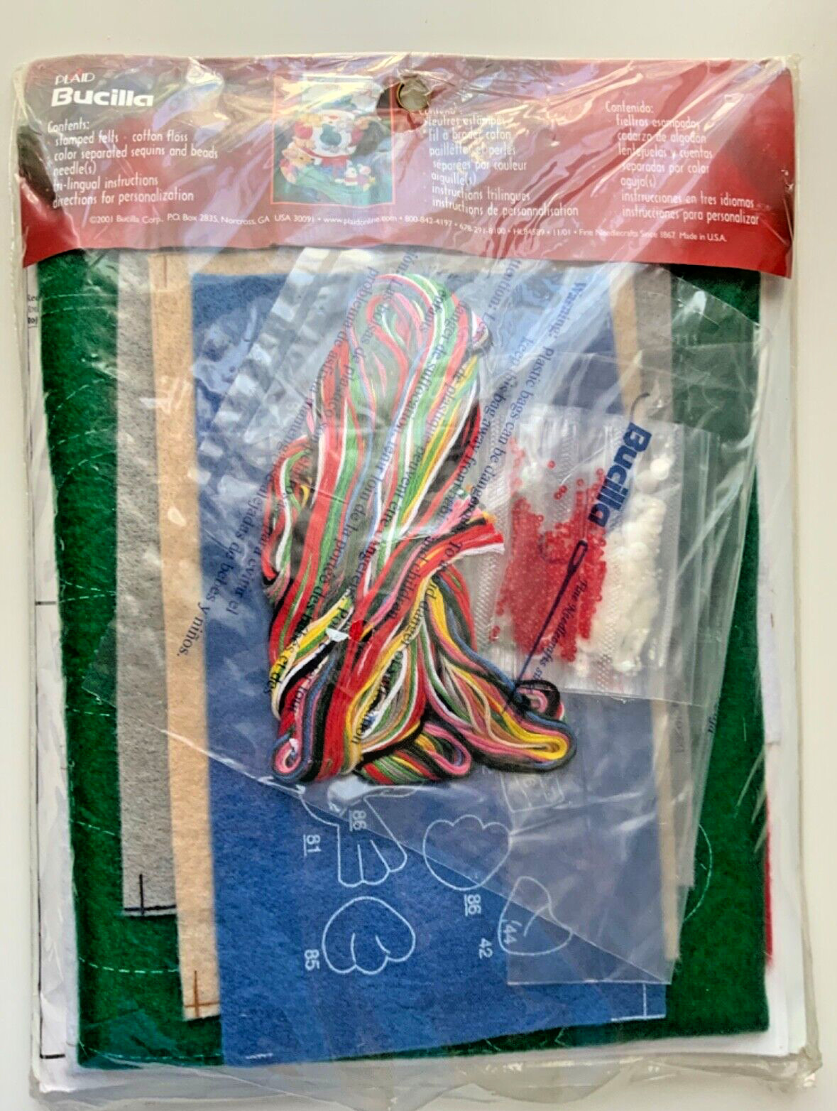 Plaid Bucilla- Felt Stocking Kit- Christmas Hugs- #84589- Santa with kitten dog