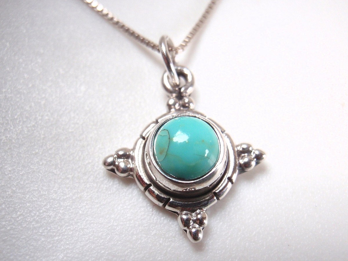 Very Small Blue Turquoise Round 4-Quadrant 925 Sterling Silver Pendant