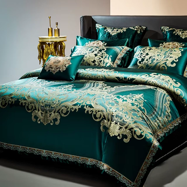 Royal Palace Emerald Green Egyptian Cotton Silk Bedding Duvet Cover Set - Image 2 of 4