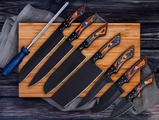 Custom 8-Pcs Damascus Steel Knife Set Handmade Kitchen Knives with Leather Roll