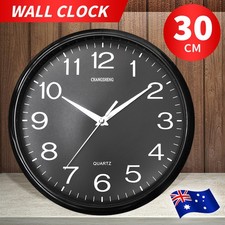 30CM Silent Round Wall Mountable 30cm Quartz Analogue Black Clock Glass Cover