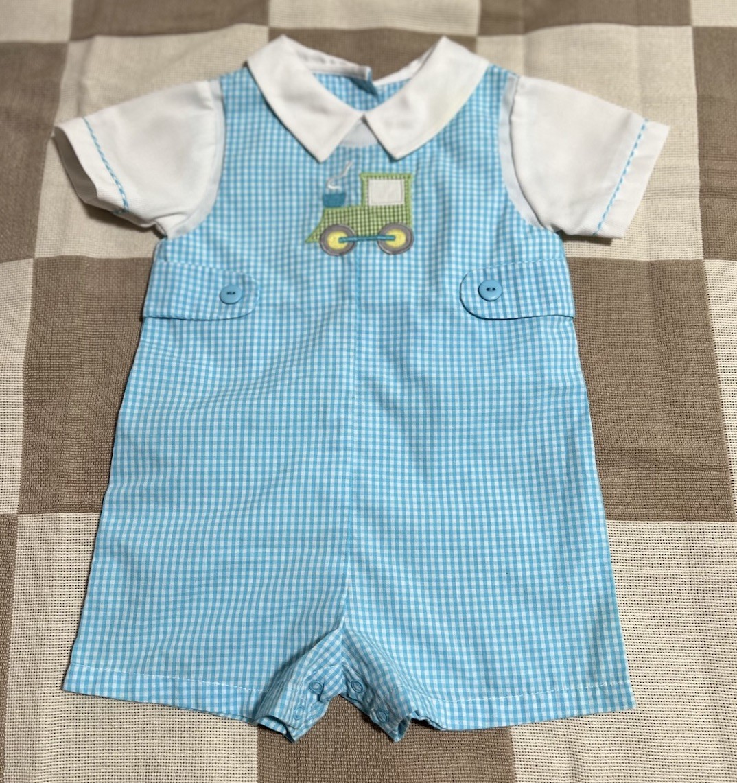 Petit Ami Brand Infant Boy's Light Blue Gingham Bubble Romper Size 3 Months