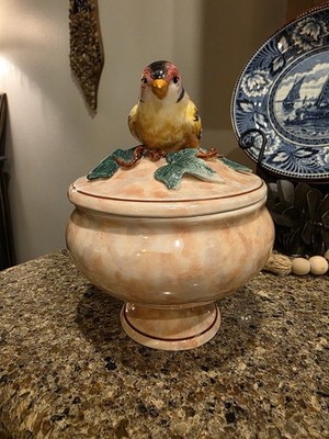 Vintage Hand Painted Covered Dish Trinket Box Pink Majolica Style Goldfinch Bird