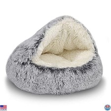 Cozy Round Plush Hooded Cat Bed Cave for Indoor Cats  Small Dogs, Washable