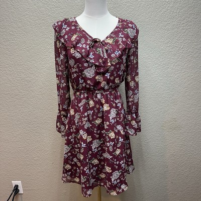 Lee Cooper Women Floral Midi Dress Lon Sleeves Summer V-Neck Red SZ S