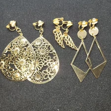 3 Pair Clip Goldtone Earrings 2"+1"