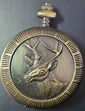 Vintage Pocket Watch Folio Buck Deer Rack Hunting Antique Finish Quartz