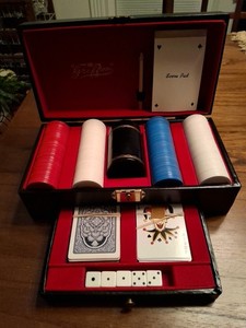 Griffon Box w/Poker Set Chips, Cup, Old Dice, 2 Decks Cards, Lock, Key Complete 