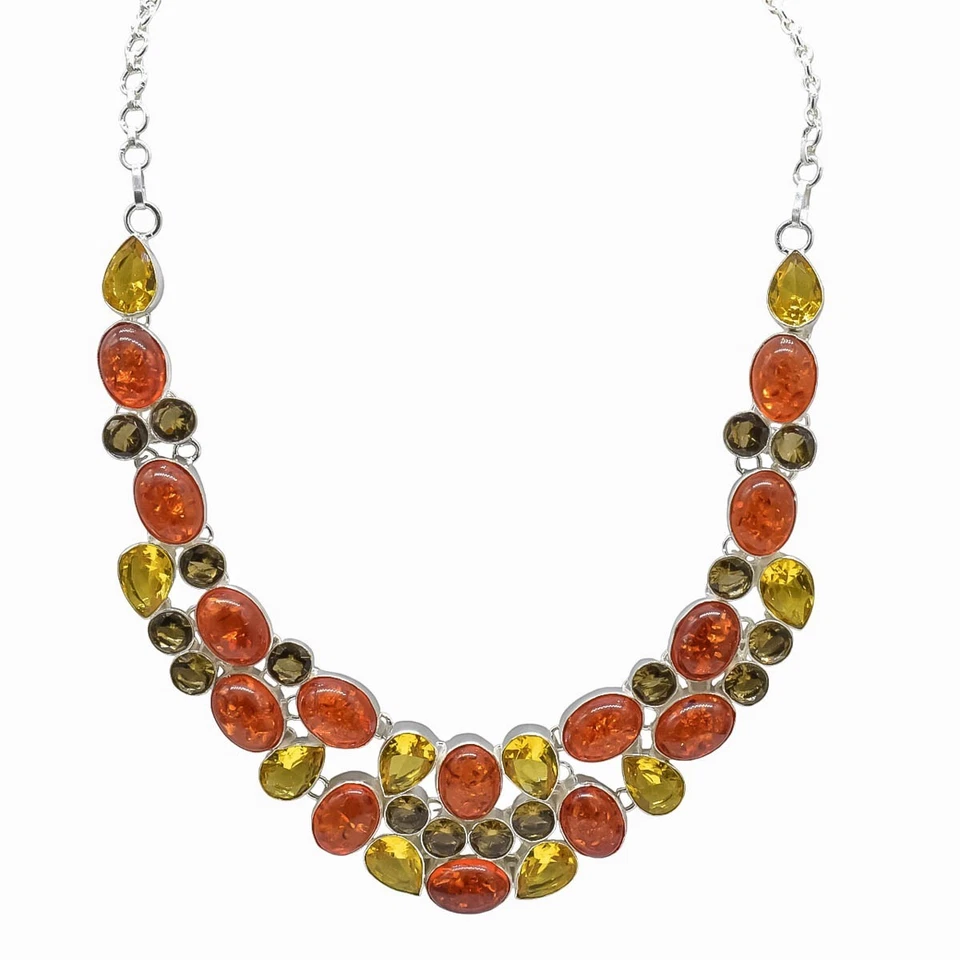 Baltic Amber & Citrine - Smoky Quartz Gemstone  925 Sterling Silver Necklace 18" - Image 3 of 4