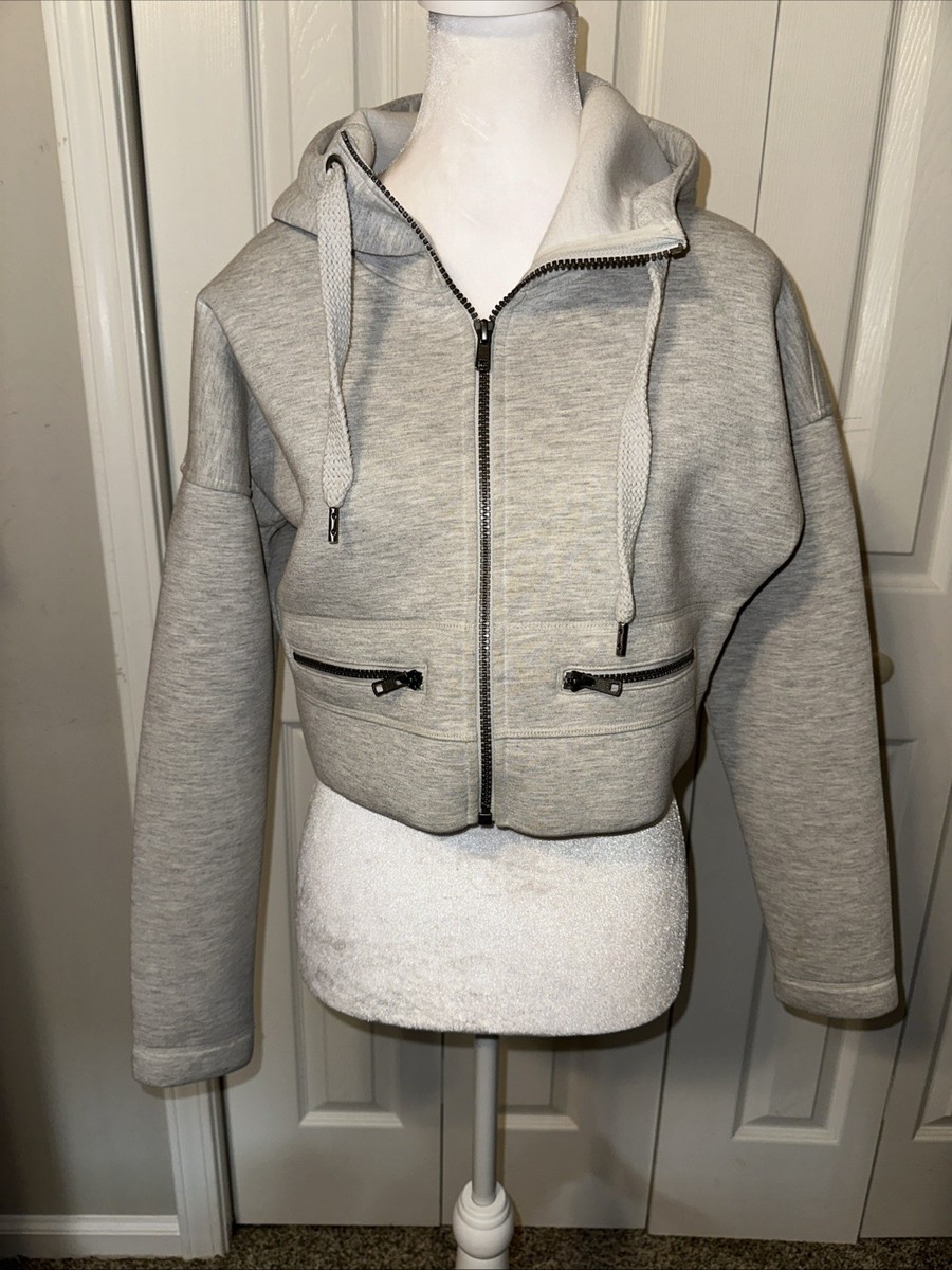 トップス 335 Athleta Triumph Hybrid ZipUp Cropped Jacket Hood Light Grey Size