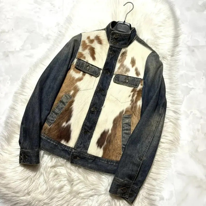 Men Cowhide Denim Jacket with Hair-On Pony Skin Cow Print Western Style Coat