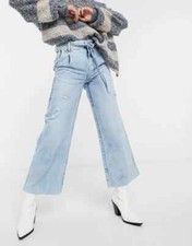 Free People Kinsey Crop Distressed Wide Leg Jeans, Blue, W26, RRP 128