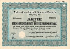 Brauerei Ponarth K&ouml;nigsberg , Kaliningrad - Ostpreu&szlig;en - 28.02.1942 - Aktie -