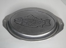 VTG WILTON ARMETALE PEWTER OVAL TROUT PLATTER 70's ENGRAVED WITH HANDLES