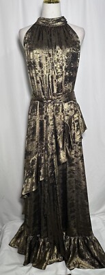 Alex Marie Gown Dress Maxi 22W Belted Sleeveless Ruffled Black Gold $228