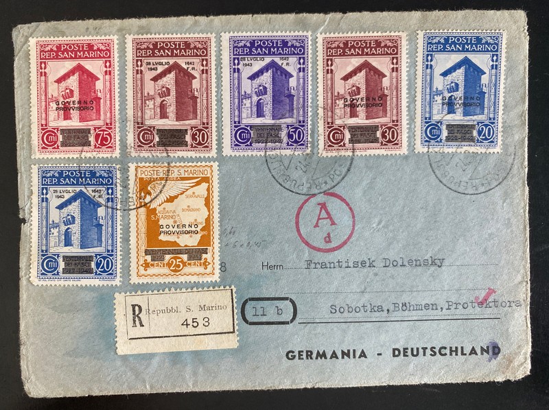 1944 San Marino Reg Cover To Sobotka BM Germany Provisional Government Stamps