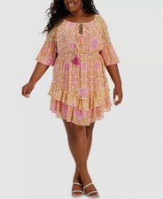 Taylor Women's Pink Printed Puff-Sleeve A-Line Dress Plus Size 22W