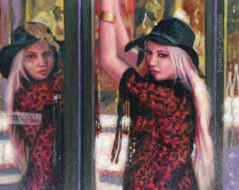 ORIGINAL OIL PAINTING, PRETTY GIRL REFLECTED IN GLASS DOOR, Listed Artist NR!