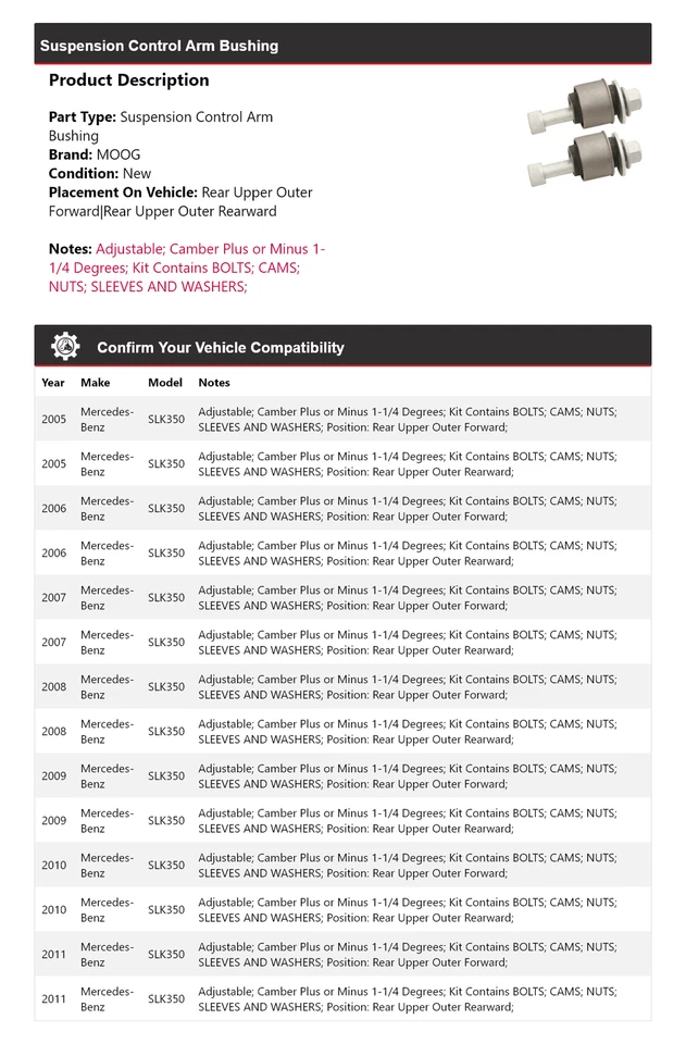 Buje de brazo de control de suspensión MOOG 2005-2011 para Mercedes-Benz SLK350 2005 2006 Foto 2 de 3