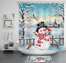 Winter Farmhouse Cardinals Xmas Snowman Shower Curtain Set for Bathroom Decor
