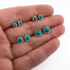 Natural Turquoise Round Stud Earrings 925 Sterling Silver Bezel USA Seller