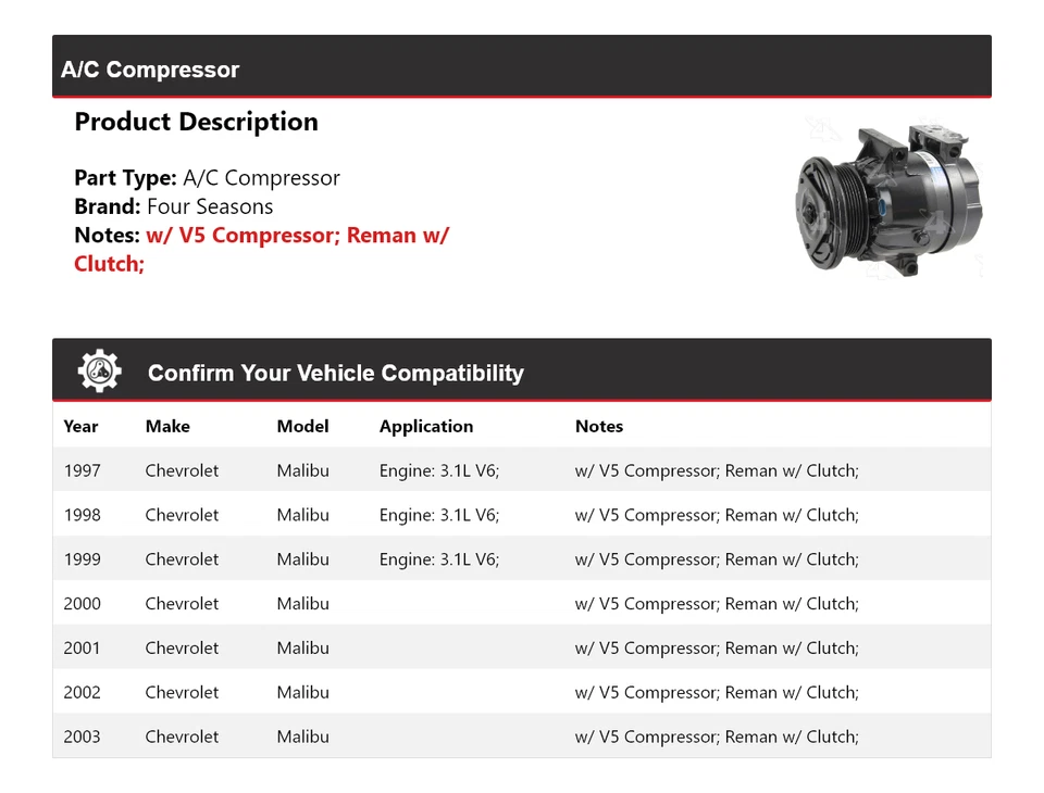 Compresor de aire acondicionado Chevrolet Malibu 1997-2003 4 estaciones 1998 1999 2000 2001 2002 Foto 2 de 4