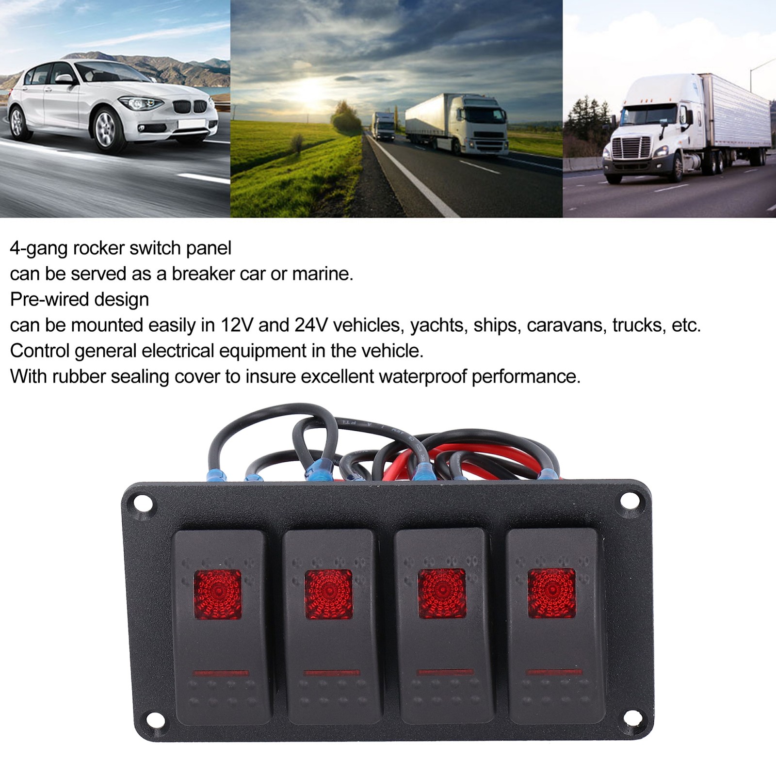.4 Gang Rocker Switch Panel LED Backlight 5‑Pin Overheat Protection For 12V/24V