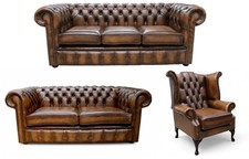 Chesterfield Sofa Suite Premium Tan Italian Leather 3 Seater + 2 Seater + Chair
