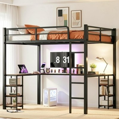Full size Loft Bed with Vintage Wood Finish L-Shaped Desk, Black