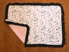 Baby Blanket Quilt 45"x35" Pink Paris France Black Satin Ruffle Sherpa Back Side