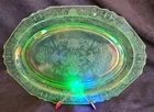 Vintage Hazel-Atlas Green Uranium Depression Glass Platter 11.5" Poppy Pattern