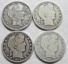1899, 1909-O, 1911-S, 1914-S Barber Half Dollars.  Nice Lot of 4 Coins.