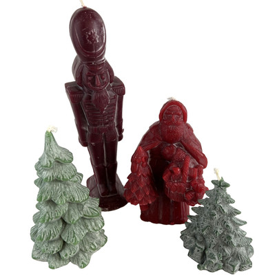 4 Hand Carved 3D Christmas Candles Nutcracker Santa Trees Vintage Grandmacore