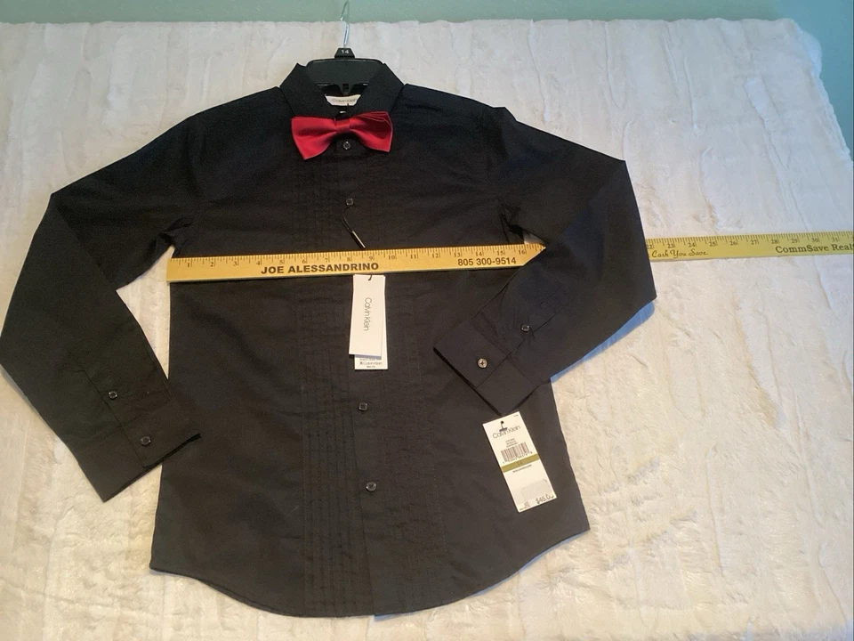 Camisa Esmoquin Plisada Formal Negra Calvin Klein Niños y Pajarita Roja Talla 14 Nueva Foto 3 de 4