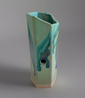 Turquoise Six-Sided Slab Art Pottery Slab Vase/Flower Frog, Victoria '95, 6-1/4''