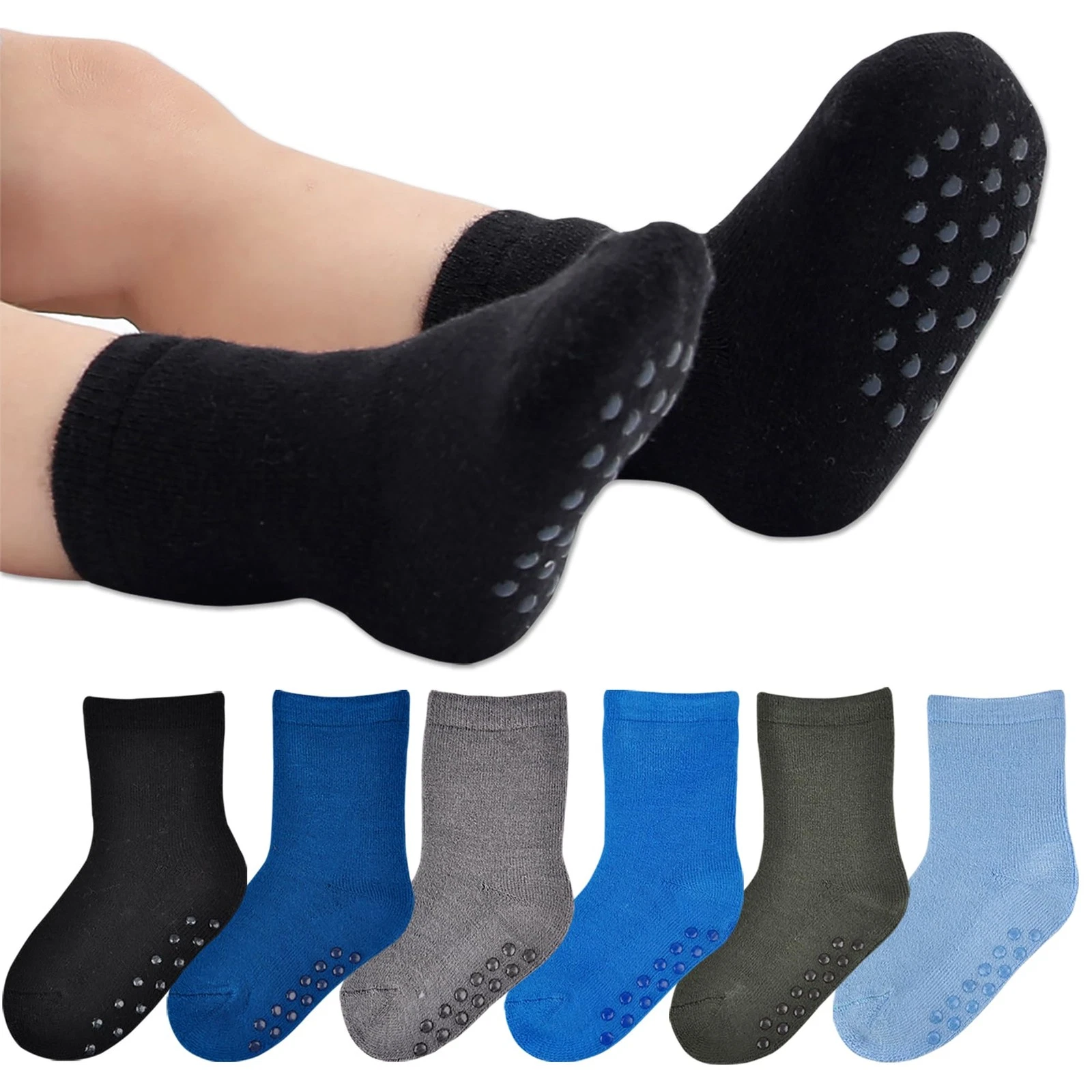JORMATT 6 Pairs Toddler Winter Thermal Socks 4-6 Years, Boy's Solid, 6